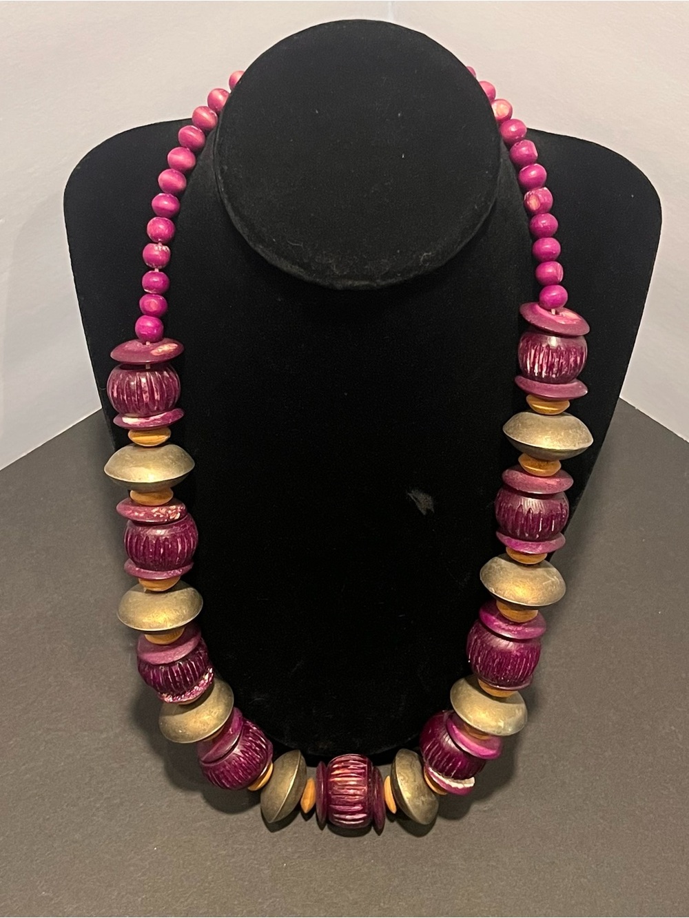 Antique Bold Purple & Silver Large Wooden Beaded Necklace Artisan Handmade